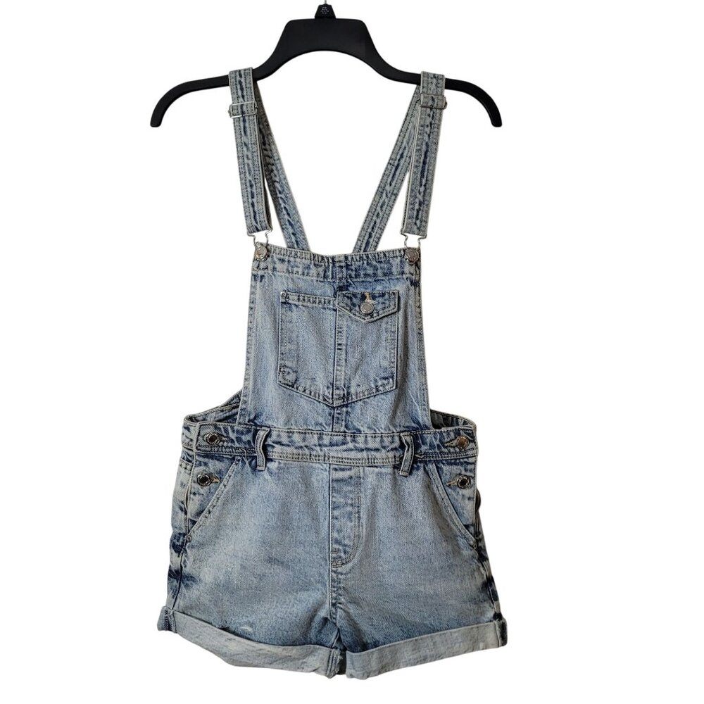 BSKGIRL BERSHKA Denim Short Bib Overalls Adjustable Straps Light Wash